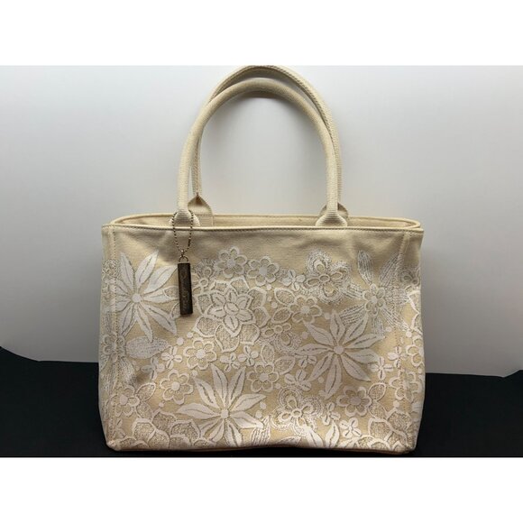 Oscar De La Renta Beige Canvas Floral Tote Bag - Picture 2 of 12
